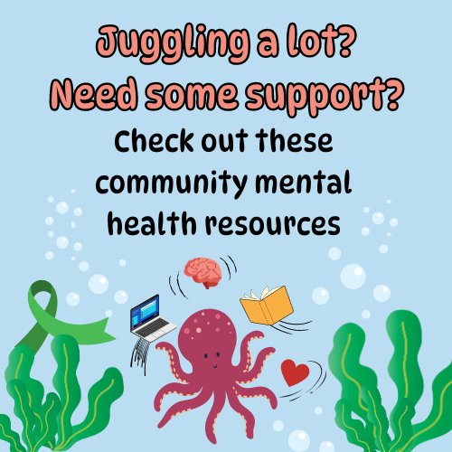 Octopus juggling a book, computer, and brain. Text reads: Juggling a lot? Need some support? Check out these community mental health resources. 
