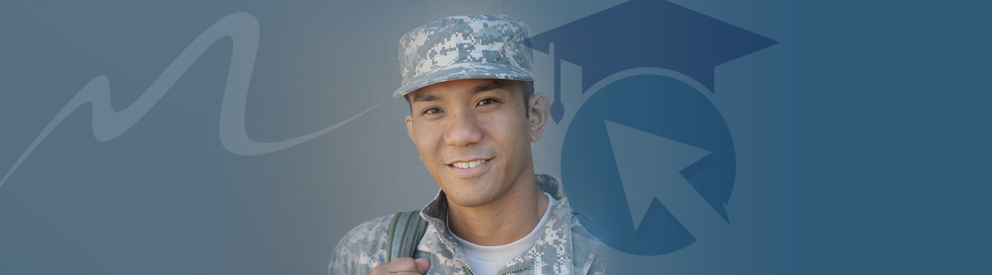 A veteran smiles in a field of blue with screened back cap image behind him