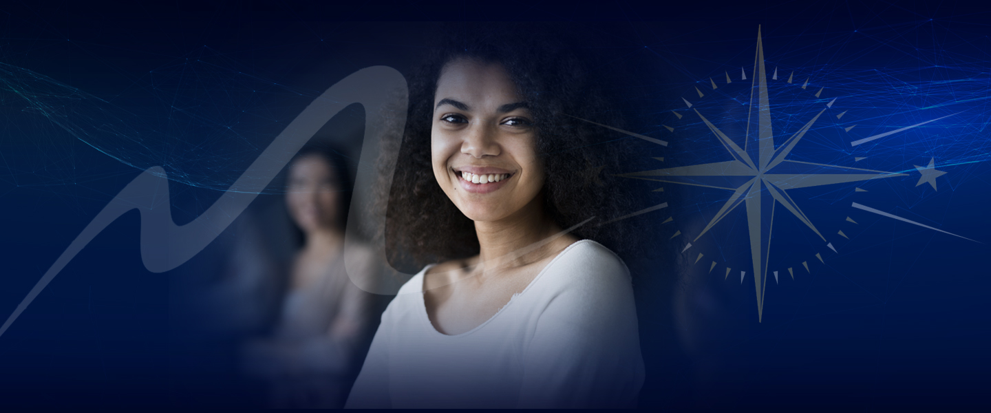 Woman of color smiles amongst peers with compass superimposed