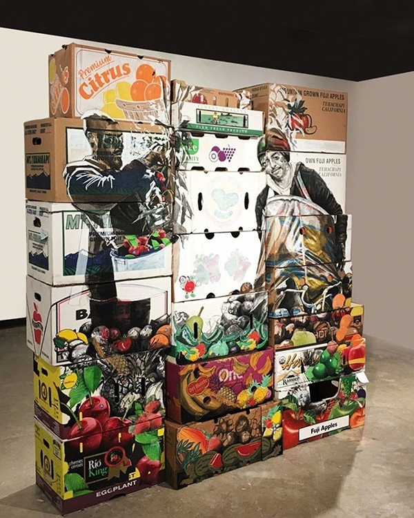 Premium Harvest (side 2), 2017  Ink, Gouache, Charcoal, and Collage on Produce Cardboard Boxes 70 x 65 x 19.5 Inches