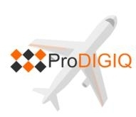 ProDIGIQ Black, orangs and Grey logo with an airplane in the background and 6 Black and orange triangles and the Company name superimposed on the plane