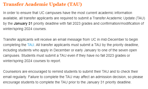 Transfer Academic Update TAU