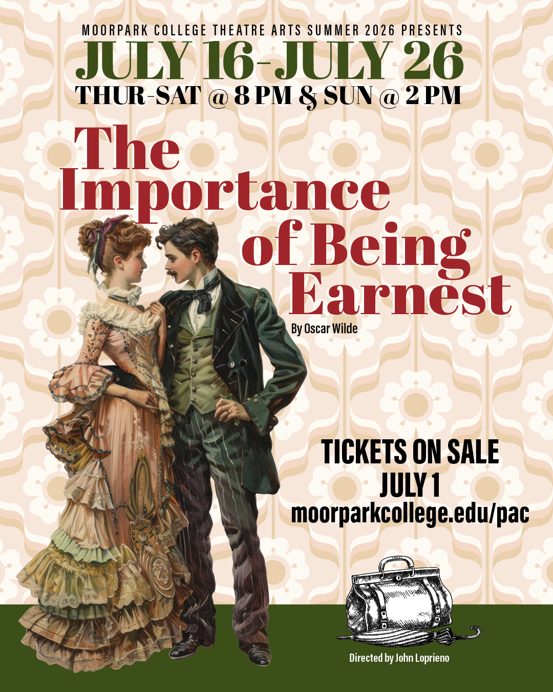 Poster image of two people dressed in Victorian style clothing. Performances of "The Importance of Being Earnest" run July 16 through July 26, 2026 at MC. Tickets go on sale beginning July 1st at 12 noon.