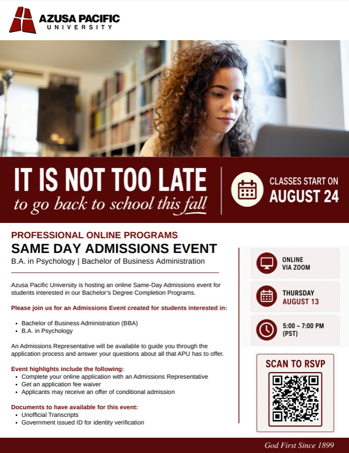 Azusa Pacific University Same Day Admissions Event details