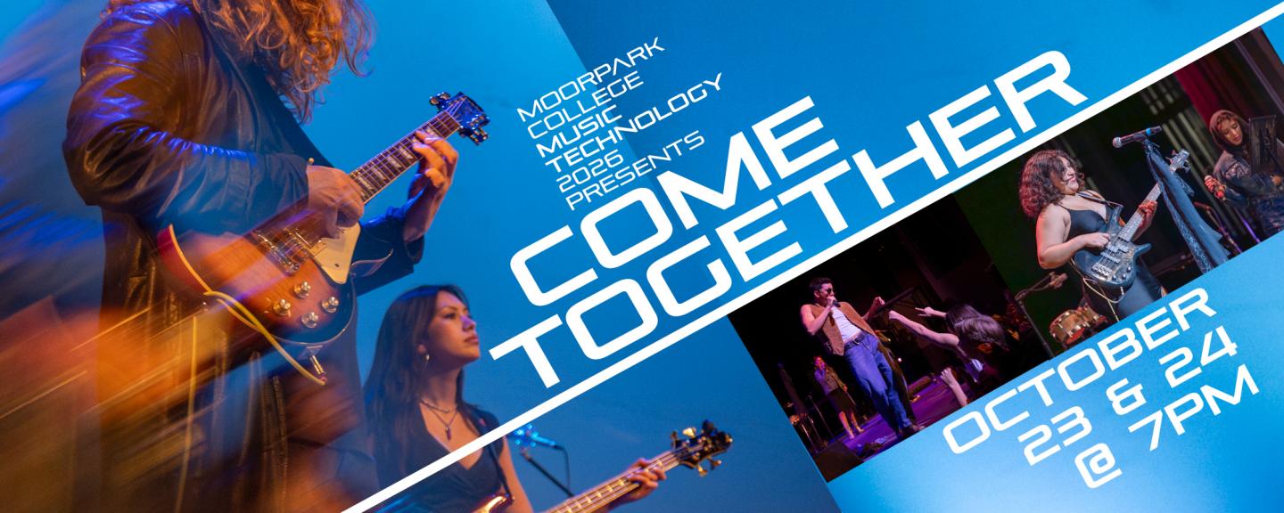Poster image with colorful, blurred musicians with guitars on an electric, blue background listing performance dates.