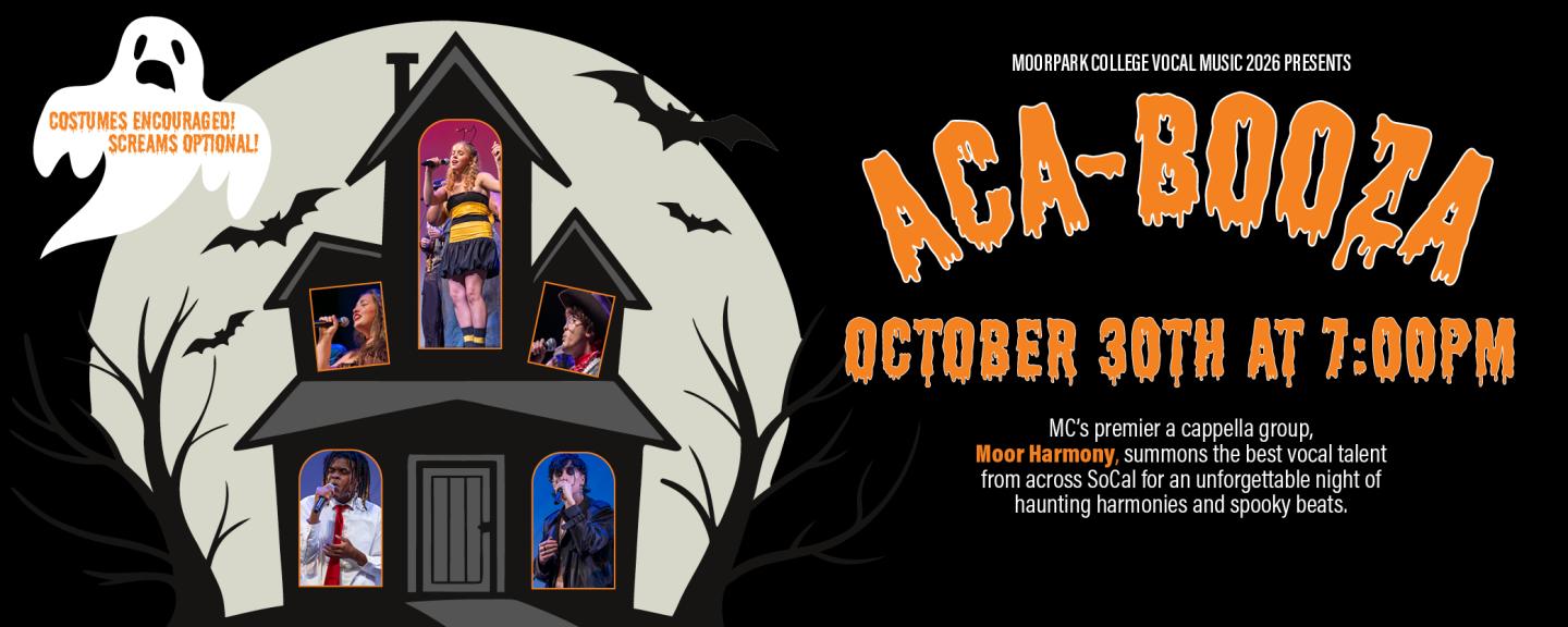 Poster image of vocal students in a spooky house for the ACA-BOOZA performance on October 30th, 2026 at 7:00pm