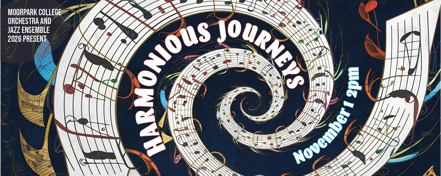 Poster image for Harmonious Journeys shows ribbons of musical notes in a vortex. Performance November 1st at 2:00pm.