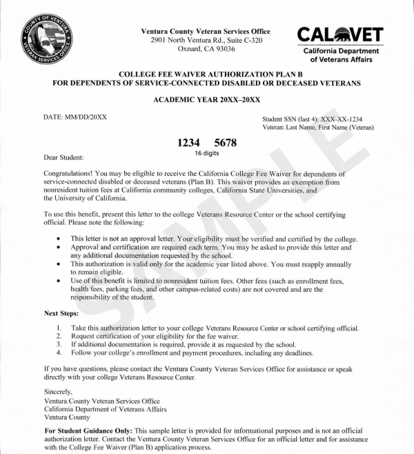 CalVet Fee Waiver Letter Example