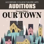 Auditions for Our Town at Moorpark College. Illustration of a town on a light pink background