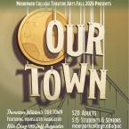 Our Town. Letters are suspended by string in front of an illustration of a barn. A wooden folding chair is in the foreground.