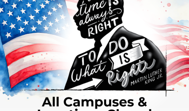 A graphic honoring Martin Luther King Jr. Day with his silho