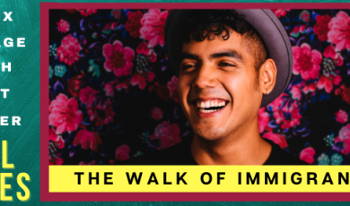 Saul Flores next to text that reads: Latinx Heritage Month Guest Speaker Saul Flores The Walk of Immigrants