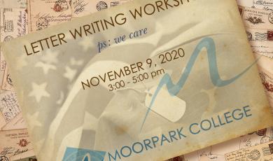 Graphic with old letters, an overlay of the american flag and dog tags, with text that reads: Letter Writing Workshop. P.S. We Care. November 9, 2020 3:00-5:00pm 