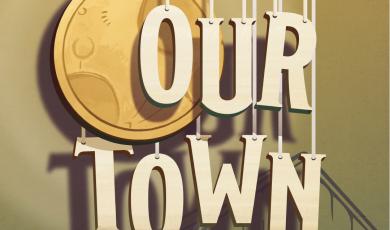 Our Town. Letters are suspended by string in front of an illustration of a barn. A wooden folding chair is in the foreground.