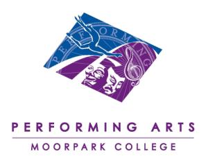 Diamond shaped, blue and purple logo of the Moorpark College Performing Arts Department featuring outline of a dancer, a music note and theatre arts comedy and tragedy mask.