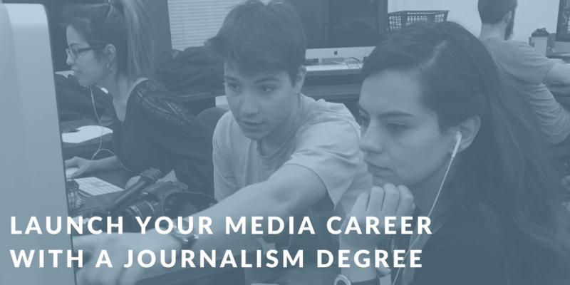 Photo of Journalism Students with text: "Launch your media c