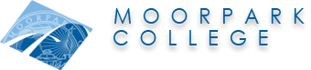 Moorpark College logo. Light and dark blue with a scroll and oil lamp. Text that reads: Moorpark.