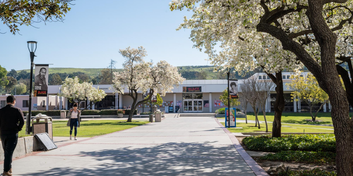 The Campus Center is pictured at the end of Raider Walk.