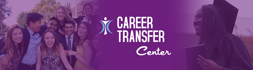 Black woman with diploma behind Career Transfer logo