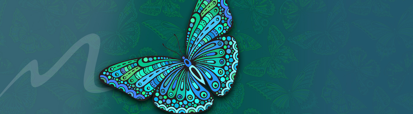 Large blue and green butterfly over a blue-green background filled with screened back butterflies