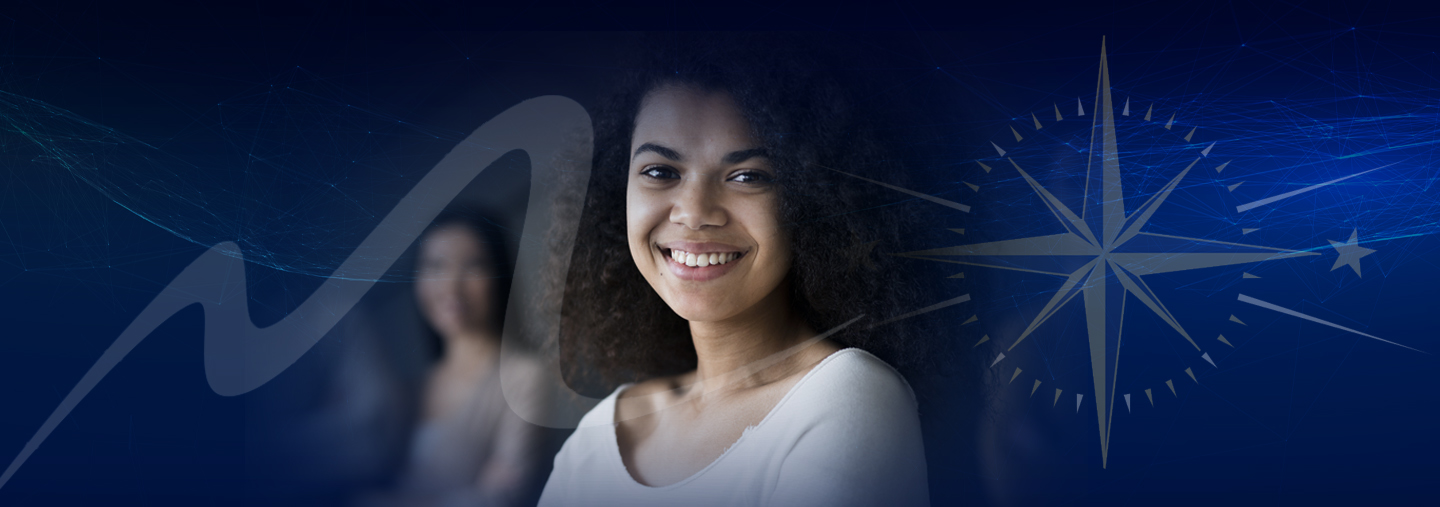 Woman of color smiles amongst peers with compass superimposed