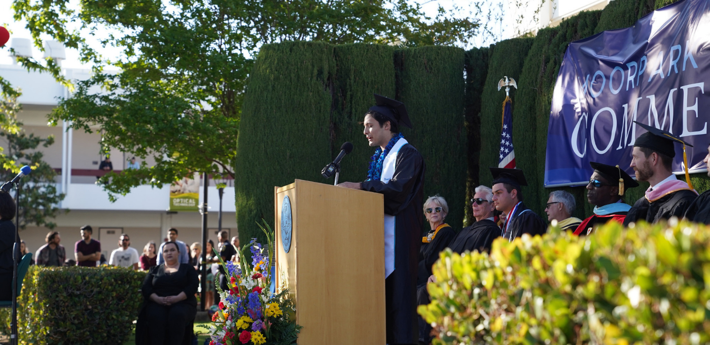ASMC President Andrew Lopez delivers his student address during the 2019 Commencement.