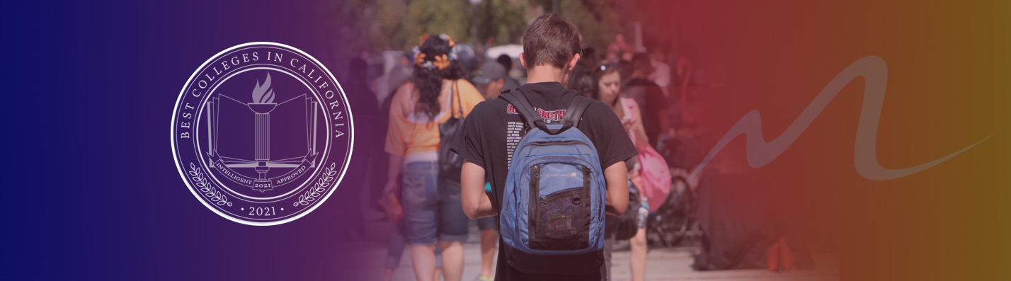 students walking thorugh campus with best college in california badge