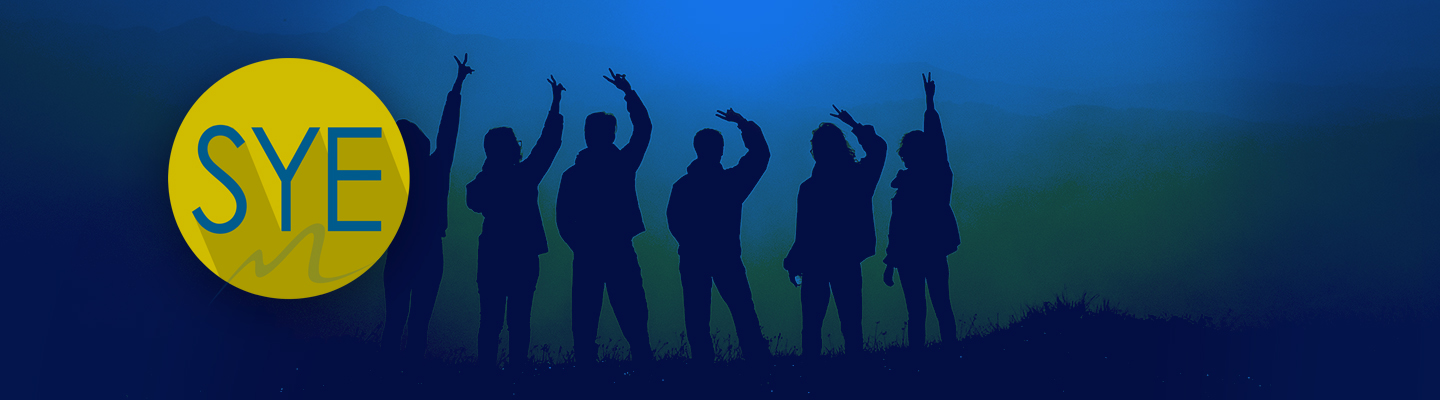 silhouette of people waving in sea of blue behind yellow SYE logo