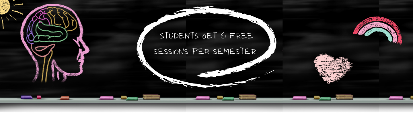 chalkboard with brain, heart, and rainbow, text reads: Students get 6 free sessions per semester
