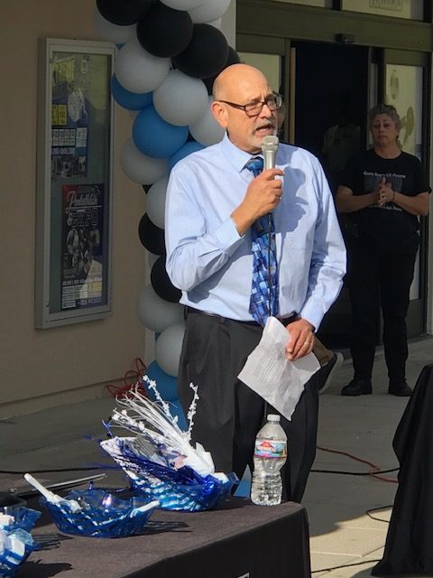 Vance speaking at the gym reopening, 2020.