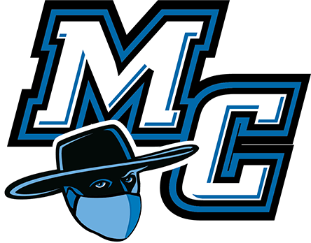 Moorpark College logo in blue and black, with raider mascot in a mask