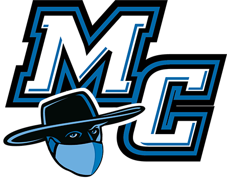 MC logo with athletic raider mascot wearing a mask