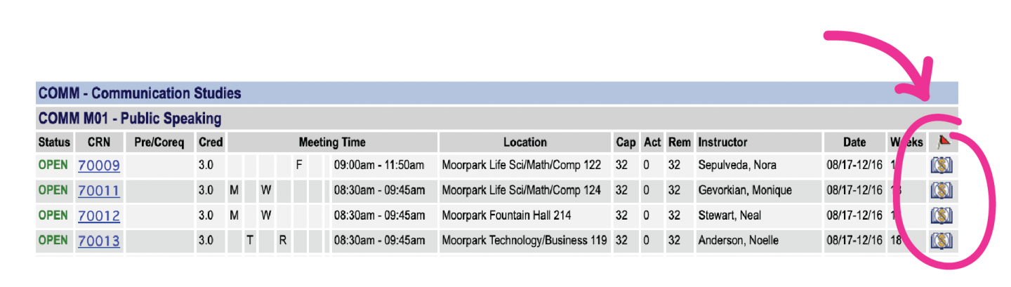 Section of the online schedule of classes with the ZTC logo circled and an arrow 