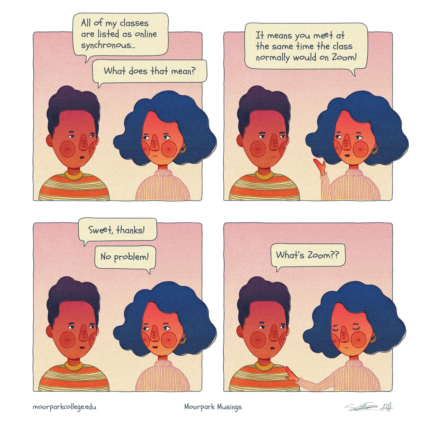 4 Panel cartoon of 2 stduents discussing what synchronous means.  