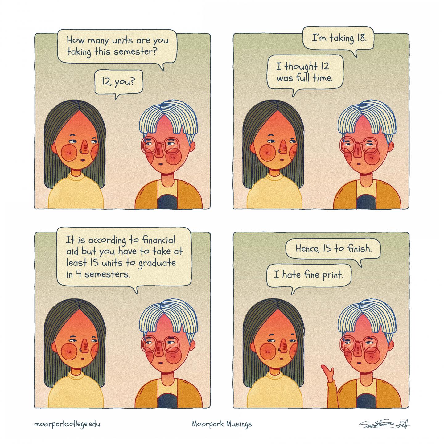 2 comic characters discuss 15 units to finish in 2 years of classes