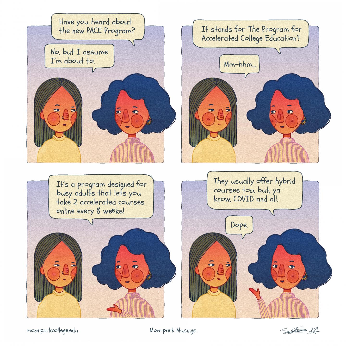 2 comic characters talk about the PACE program at Moorpark College