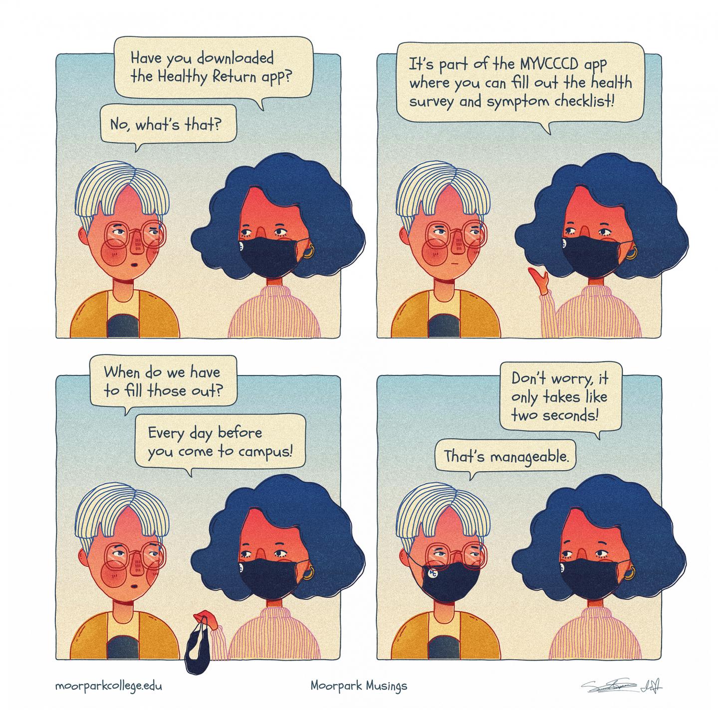 comic characters discussing the download of the myvcccd healthy app return to campus