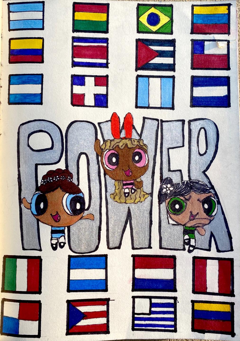 Hand drawn art showing many flags and 3 anime style gals of different colors