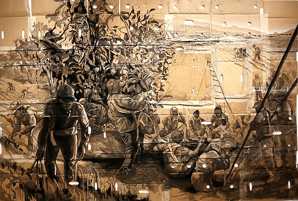 Philosophy in the Fields, 2016  Ink and Charcoal on Unfolded Produce Cardboard Boxes 6 x 9 Feet