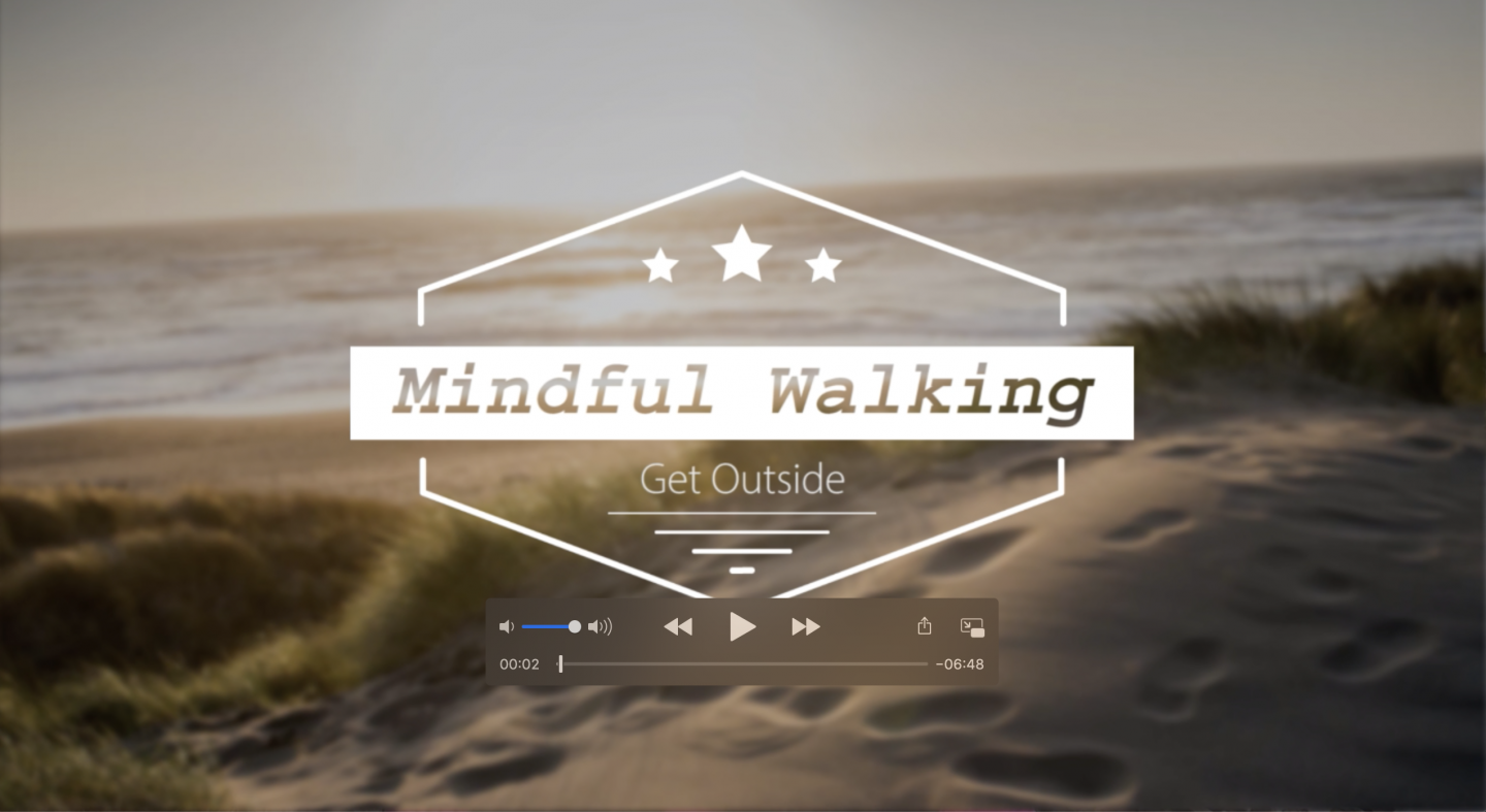 Peaceful beach photo with "Mindful Walking" graphic.