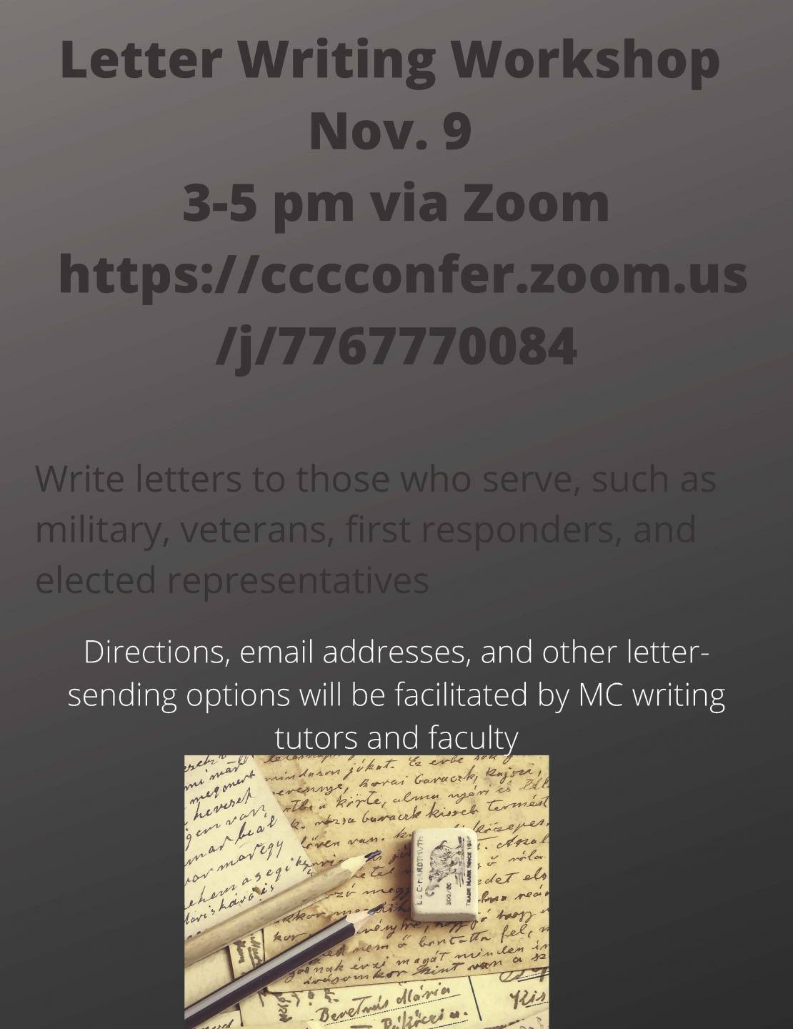 Flyer for Letter Writing Event November 9th on Zoom hosted by MC Writing Center