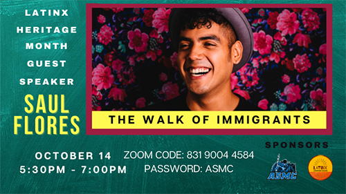 Young hispanic male wearing a hat, Saul Flores, with Walk of the immigrants title