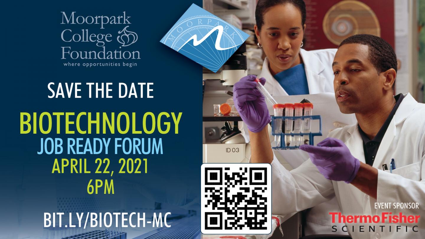 Promotional image for 6 pm, April 22, Biotechnology Job Ready Forum with link to registration