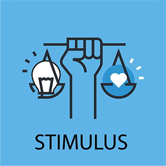 Illustrative elements in blue filed representing stimulus grant