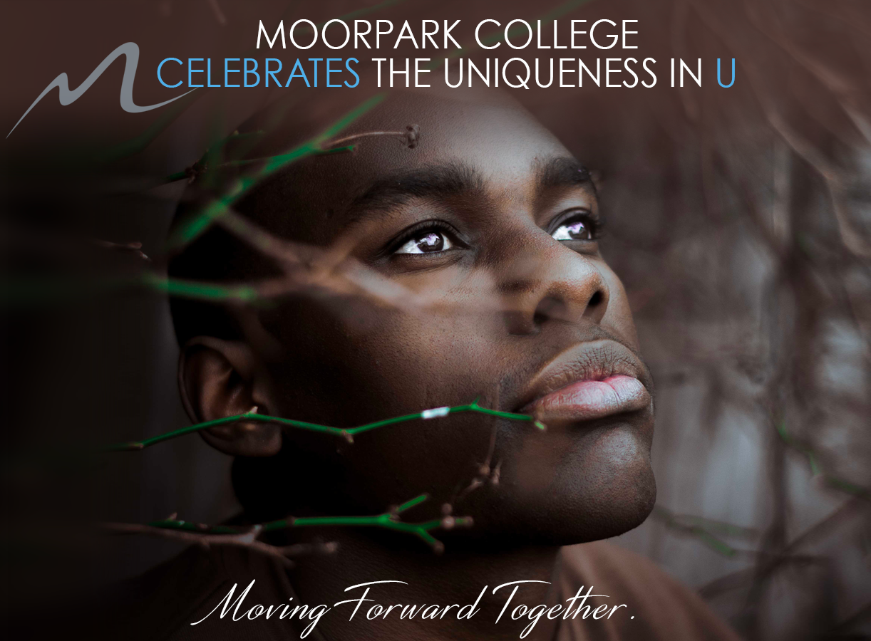 Black man looks up with Moving Forward Together insignia on image
