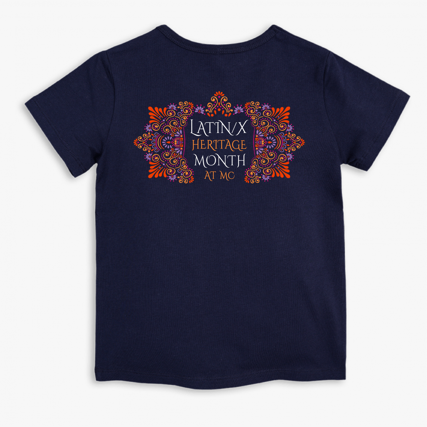 blue teeshirt with latinx logo in vibrant colors