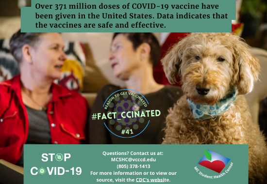 Over 371 million doses of COVID-19 vaccine have been given in the United States. Data indicates that the vaccines are safe and effective. Questions? Contact us at:  MCSHC@vcccd.edu (805) 378-1413 For more information or to view our source, visit the CDC's website.