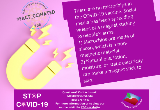 There are no microchips in the COVID-19 vaccine. Social media has been spreading videos of a magnet sticking to people's arms.  1) Microchips are made of silicon, which is a non-magnetic material.  2) Natural oils, lotion, moisture, or static electricity can make a magnet stick to skin. Questions? Contact us at:  MCSHC@vcccd.edu (805) 378-1413 For more information or to view our source, visit the CDC's website.  