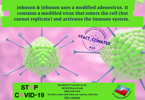 Johnson & Johnson uses a modified adenovirus. It contains a modified virus that enters the cell (but cannot replicate) and activates the immune system.  Questions? Contact us at:  MCSHC@vcccd.edu (805) 378-1413  To learn more and view our source, visit the CDC's website.