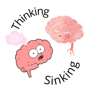Awake brain with scrambled thoughts and sleeping brain, text reads: thinking, sinking